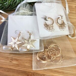 3 Piece Set Gold & Pearl Earrings & Rings